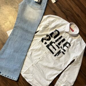 Men's White Graphic Printed Full Sleeve Shirt with Light Blue Bootcut Jeans – Casual Streetwear Outfit for Men